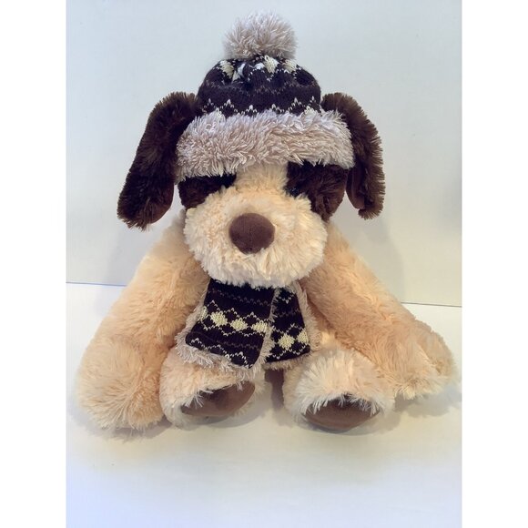 HugFun Puppy Dog Plush Brown and Cream Stuffed Animal Toy With Hat and Scarf - Picture 1 of 7